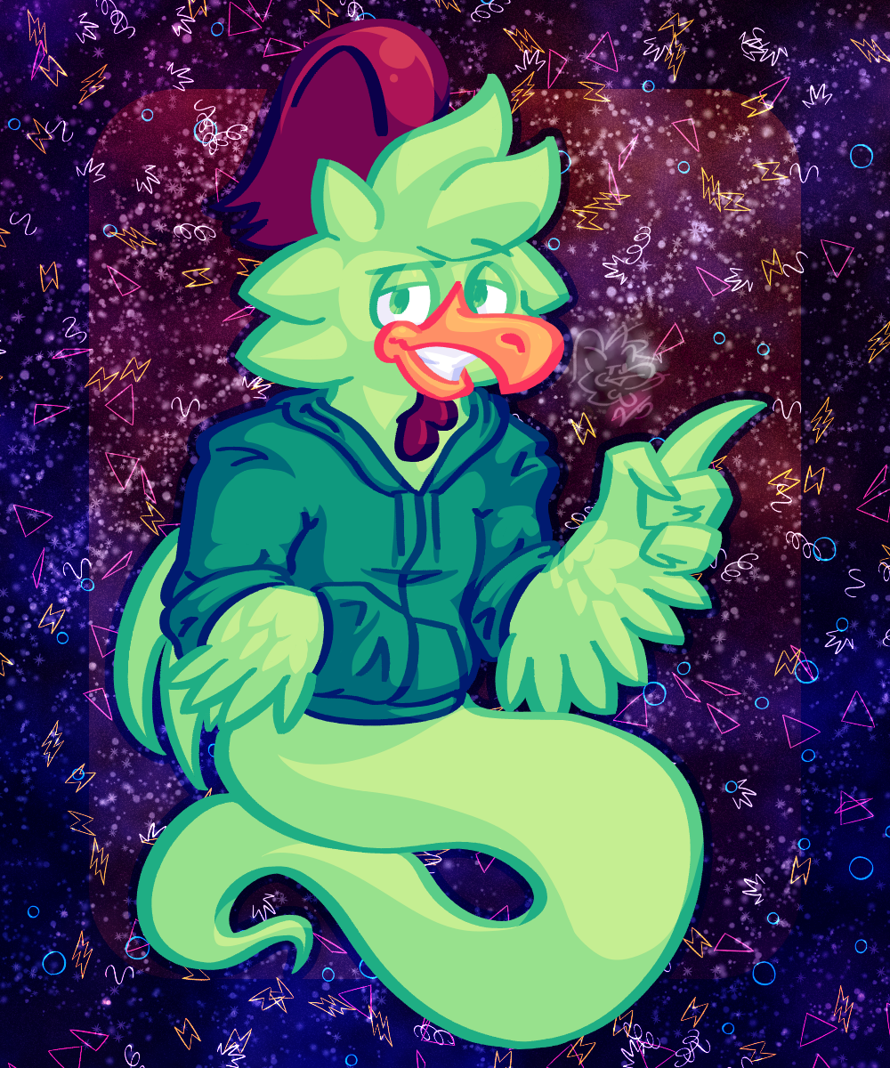Anthropomorphic green ghost chicken wearing a teal hoodie with finger out on a space background